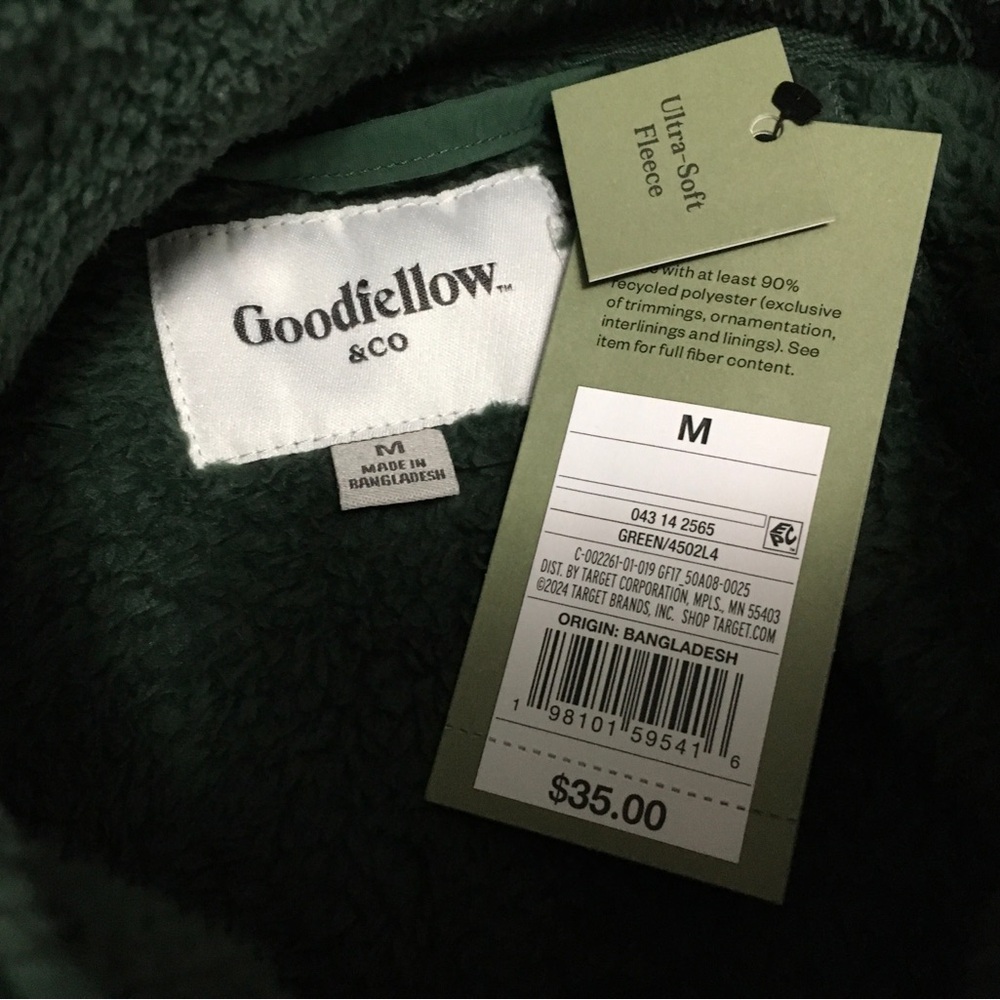 Goodfellow & Co. Mens Size M Green Soft Fleece Full Zip Jacket Pockets - Picture 3 of 7